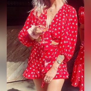 Zara two piece linen red floral top short / skirt set